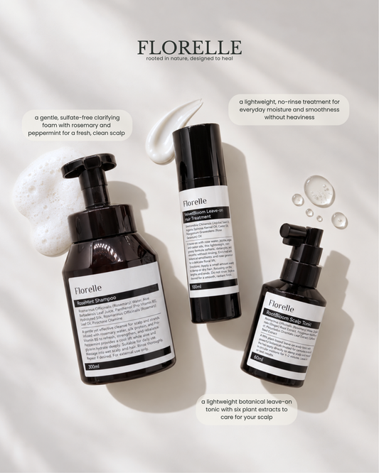 Bloom Ritual Set — RoséMint Shampoo, VelvetBloom Leave-On Treatment & RootBloom Scalp Tonic