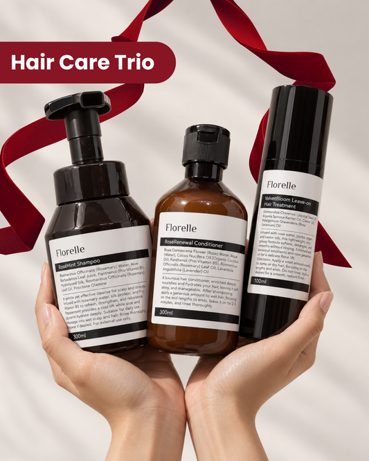 Haircare Trio — RoséMint Shampoo, RoséRenewal Conditioner & VelvetBloom Leave-On Treatment