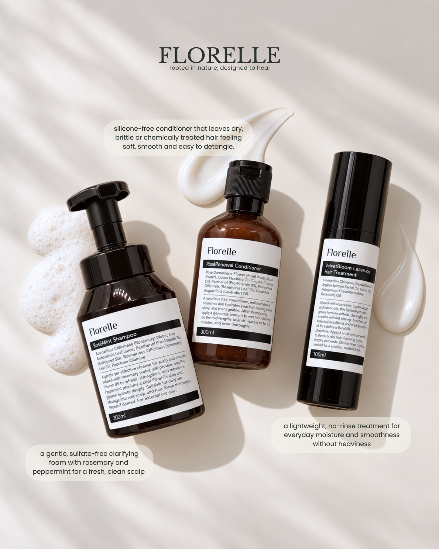 Haircare Trio — RoséMint Shampoo, RoséRenewal Conditioner & VelvetBloom Leave-On Treatment